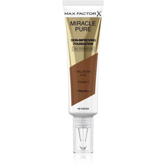 Max Factor Miracle Pure Hyaluronic Acid Radiant – Liquid Foundation & Serum 2-in-1 for Women, Cocoa, 100, SPF 30, 30 ml