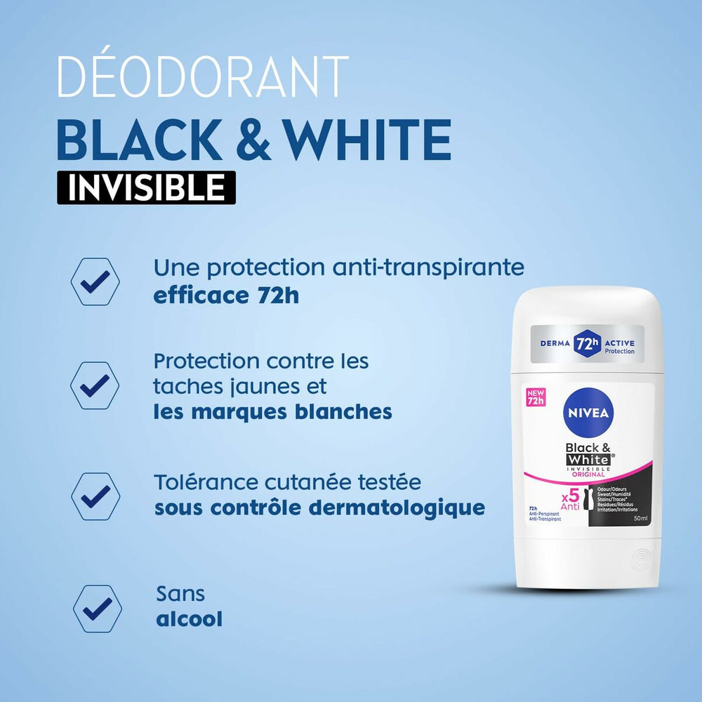 Nivea Black y White Invisible Desodorante Stick Unisex, 50 ml