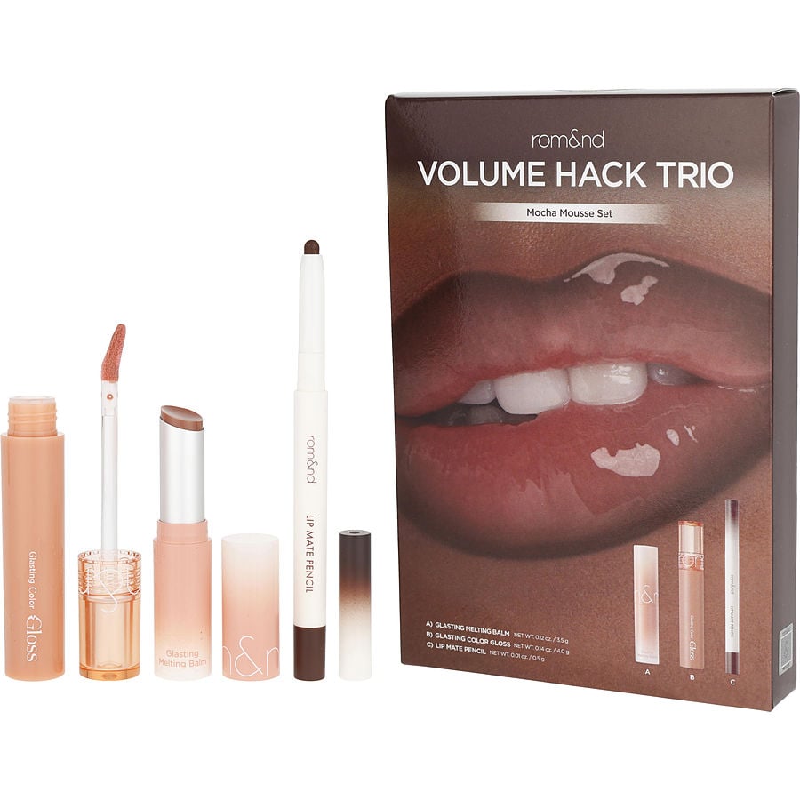 Rom&Nd Volume Hack Trio: Lip Mate Pencil 0.5g + Glasting Melting Balm 3.5g + Glasting Color Gloss 4g - Mocha Mousse --3pcs
