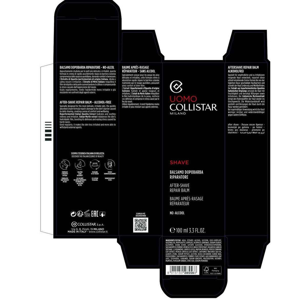 Collistar Uomo Shave Bálsamo Reparador Para Después Del Afeitado Unisex, 100 ml