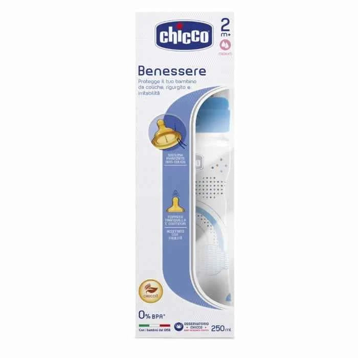Chicco Well-Being Bottle Latex Medium Flow Blue 2M+ Unisex, 250 ml