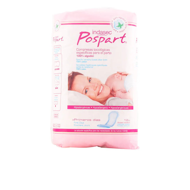 Indasec Pospart Tocological Compresses 100% Cotton, 12 Units