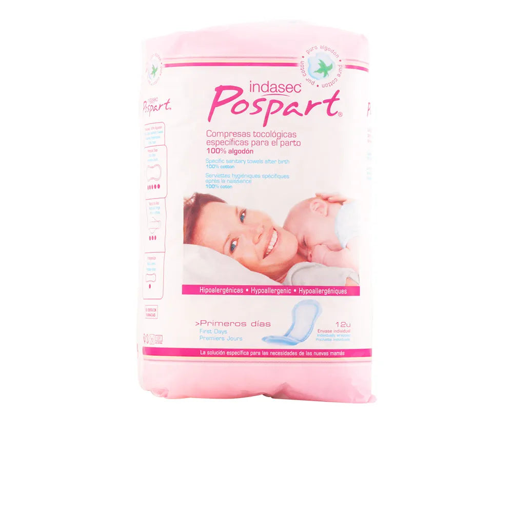 Indasec Pospart Tocological Compresses 100% Cotton, 12 Units