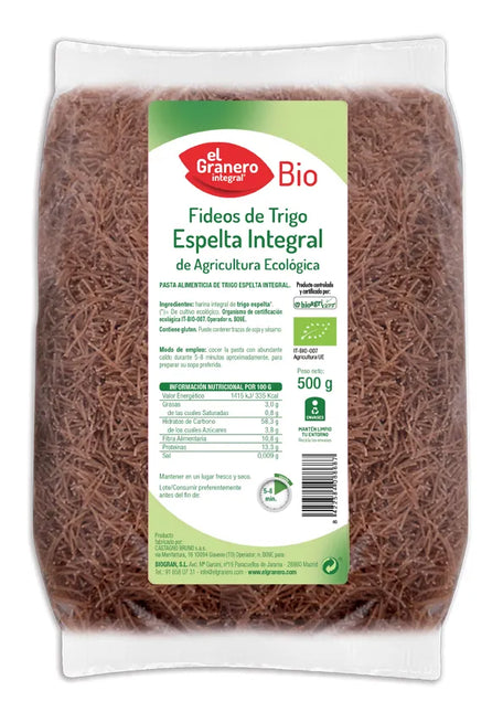 Granero Fideos Finos Espelta Integral Bio, 500 g