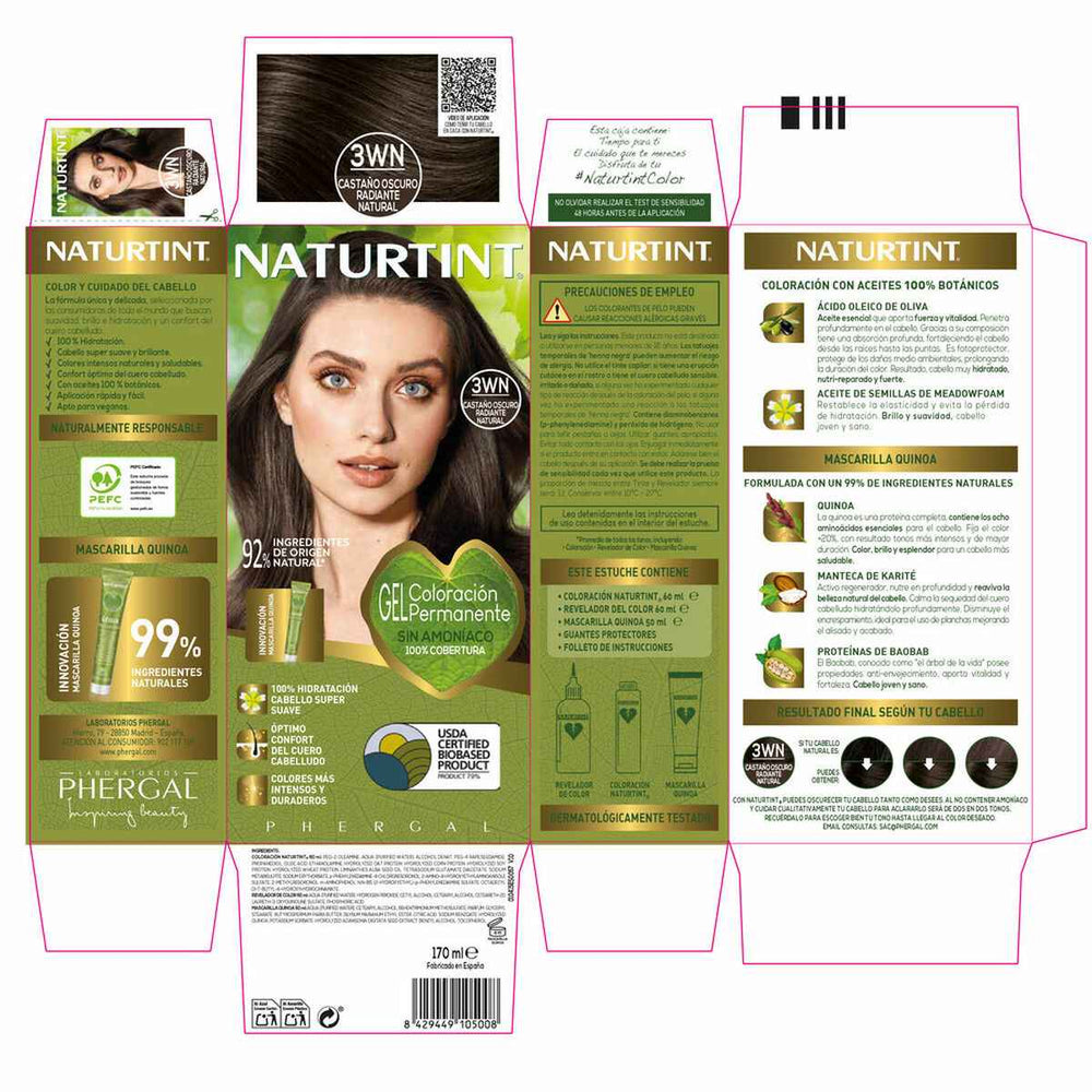 Naturtint Tinte Sin Amoniaco 3wn-Castaño Oscuro Radiante Natural Unisex, 170 ml