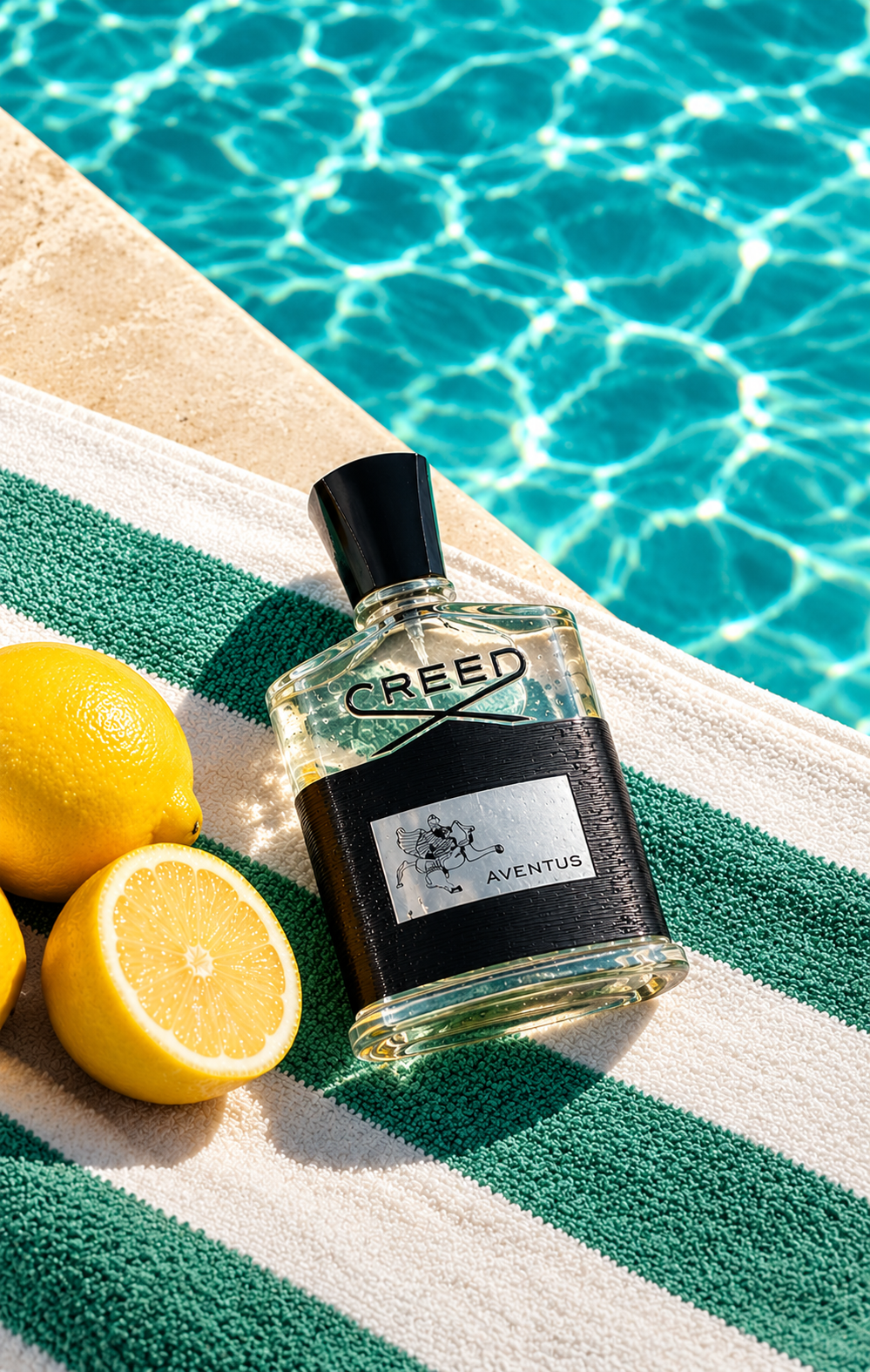 Turquoise swimming pool water, beige stone poolside, green-and-white striped beach towel, and fresh lemons