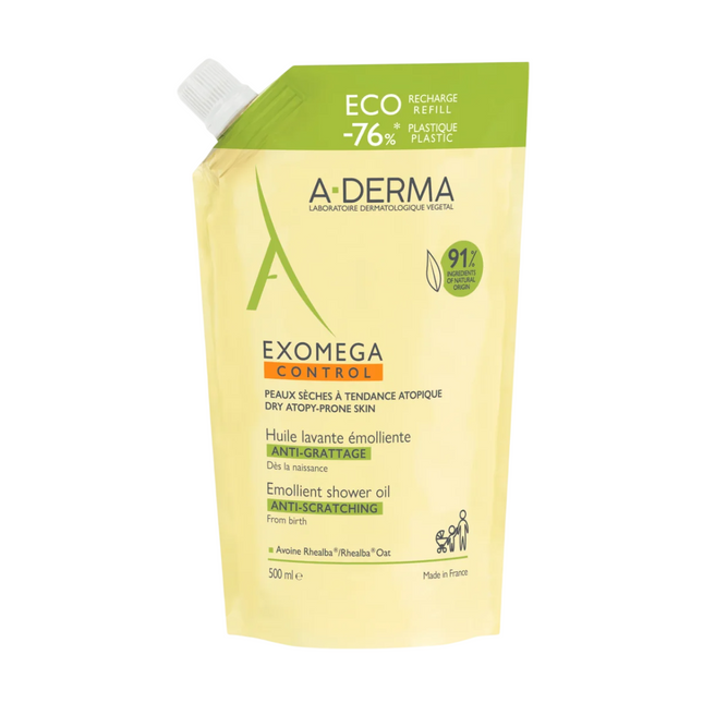 A-Derma Exomega Control Emollient – Shower Oil for Women, For Very Dry To Atopic Sensitive Skin, 500, ml Refill