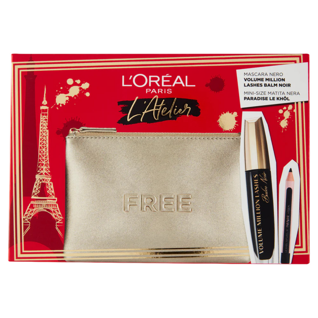 L`Oreal Paris Atelier Kit Set L'Oreal Paris: Volume Million Lashes Volumizing & Lengthening – Mascara for Women, Black, 8.9 ml + Paradise, Kajal Eye Pencil, 1.2 g + Textile Makeup Bag, Gold