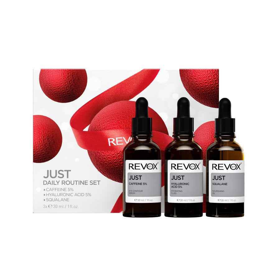Revox B77 Daily Routine Set Revox B77: Just Caffeine 5% Anti-Dark Circles Day – Eye Serum for Women, 30 ml + Just, Hyaluronic Acid 5%, Hydrating, Fluid, For Face, 30 ml + Just, Squalane, Nourishing, Oil, For Face, 30 ml