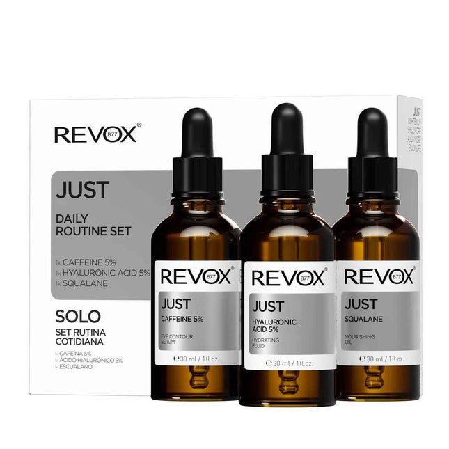 Revox B77 Daily Routine Set Revox B77: Just Squalane Nourishing – Oil for Women, For Face, 30 ml + Just, Caffeine 5%, Anti-Dark Circles, Day, Eye Serum, 30 ml + Just, Hyaluronic Acid 5%, Hydrating, Fluid, For Face, 30 ml