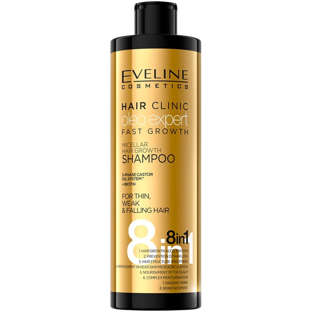 Eveline Cosmetics 8 in 1 Clinic Oleo Expert – Hair Shampoo for Women, For Growth Stimulation, 400 ml
