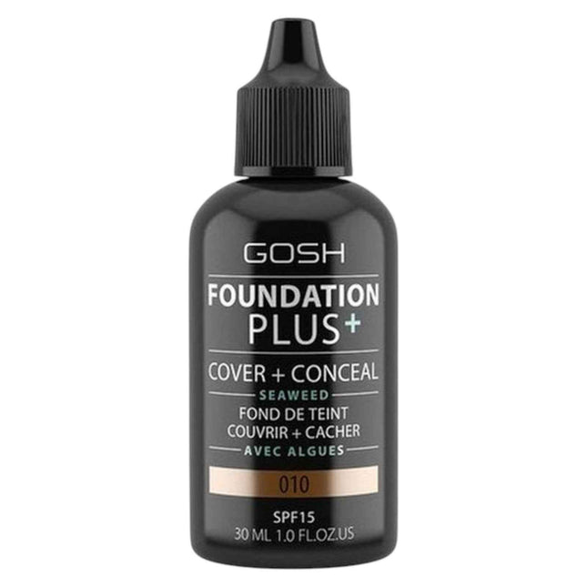 Gosh Foundation Plus+ Cover & Conceal – Liquid Foundation for Women, 010, Tan, SPF15, 30 ml