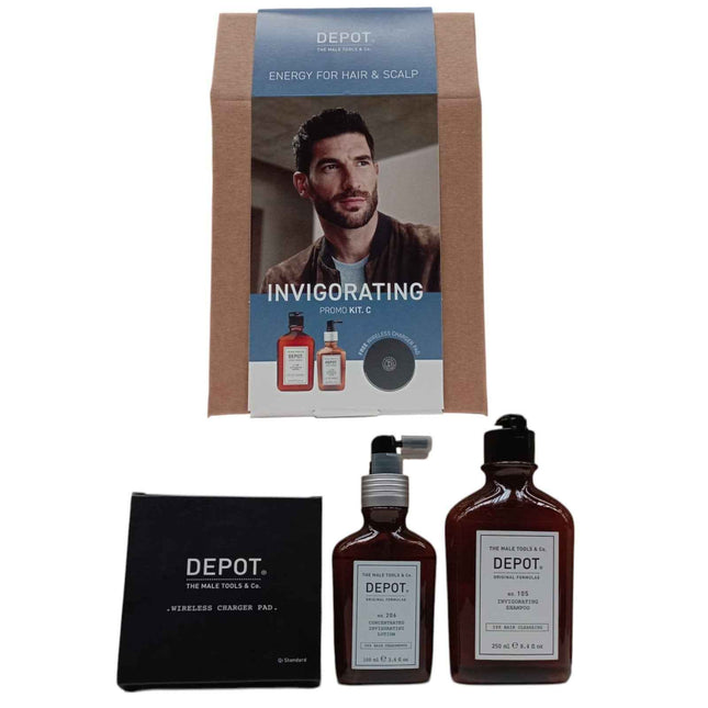 Depot Invigorating Kit C Set Depot: 100 Hair Cleansing No. 105 Multivitamin Complex – Hair Shampoo for Men, Anti-Hair Loss, 250 ml + 200 Hair Treatments No. 206, Hair Lotion Treatment, Invigorating, 100 ml