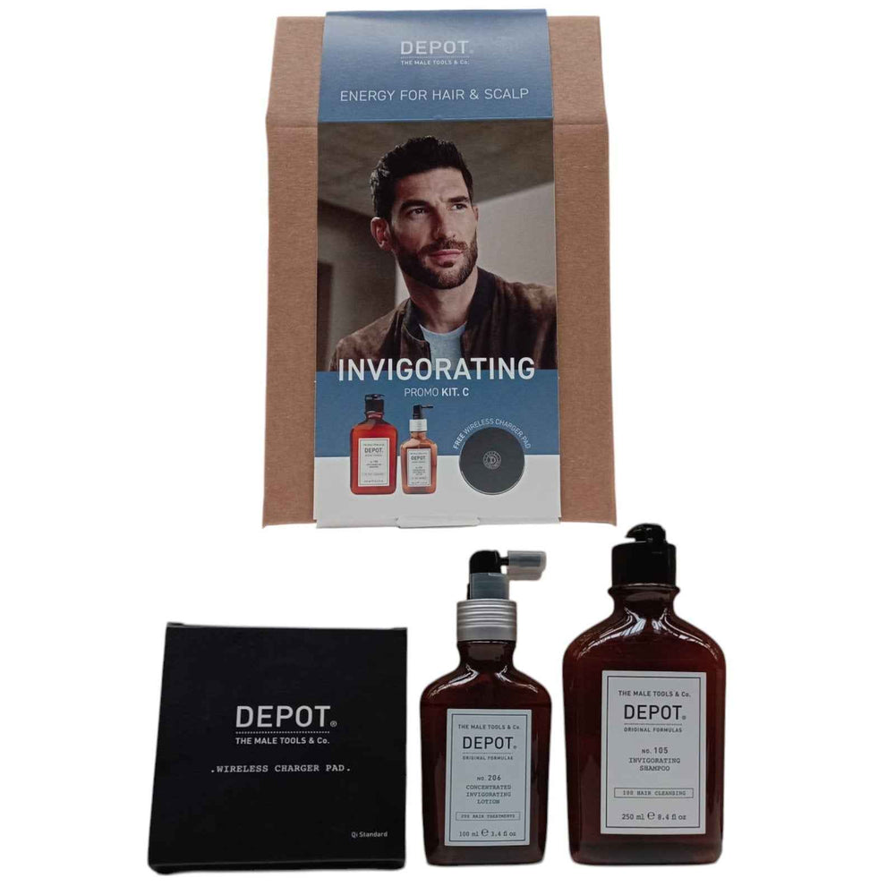 Depot Invigorating Kit C Set Depot: 100 Hair Cleansing No. 105 Multivitamin Complex – Hair Shampoo for Men, Anti-Hair Loss, 250 ml + 200 Hair Treatments No. 206, Hair Lotion Treatment, Invigorating, 100 ml