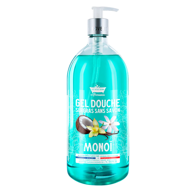 Les Petites Bains de Provence Monoi – Shower Gel for Women, For Body, Face & Hair, For Sensitive Skin, 1000 ml