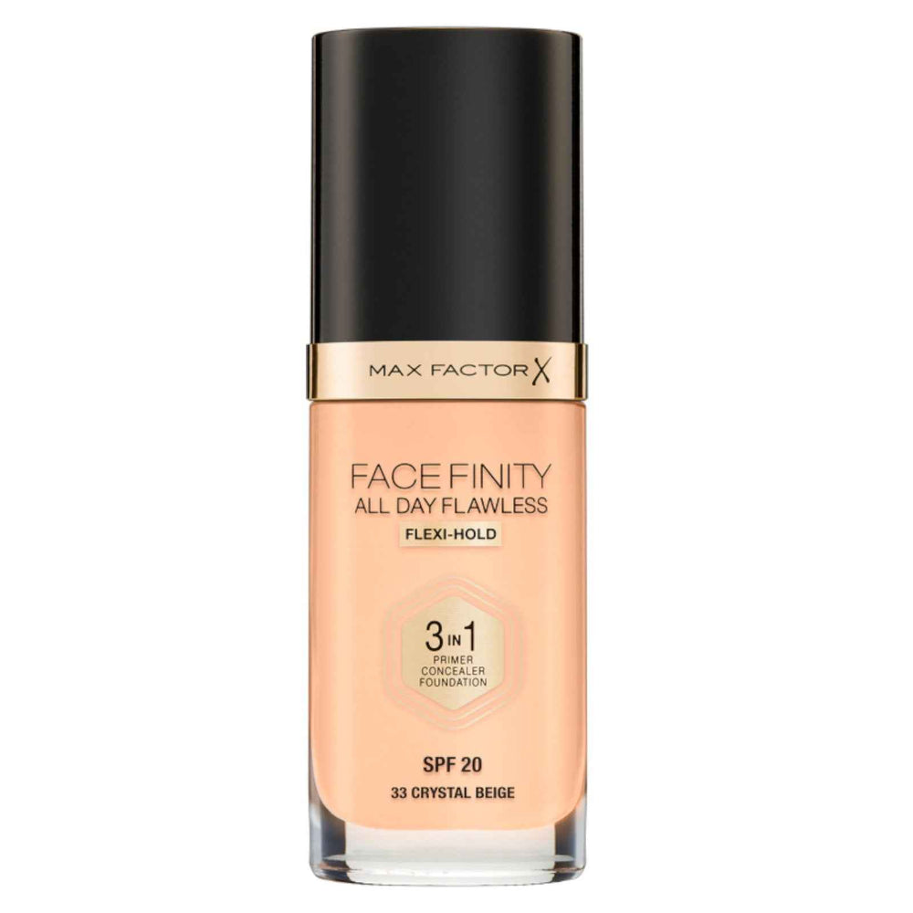 Max Factor Facefinity All Day Flawless Vegan Matte – Primer for Women, Concealer & Foundation 3-in-1, 33, Crystal Beige, SPF 20, 30 ml
