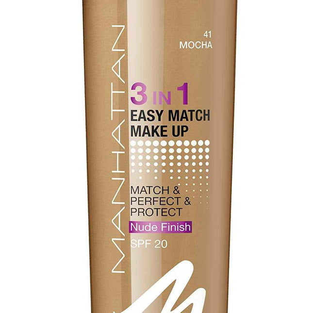 Manhattan Easy Match 3 In 1 – Liquid Foundation for Women, 41, Mocha, SPF 20, 30 ml