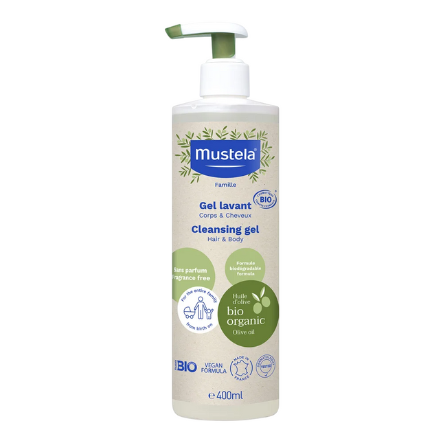 Mustela Organic Olive Oil Cleansing – Shower Gel for Children, For Hair & Body, All Skin Types, 400 ml
