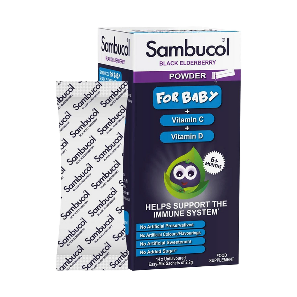 Sambucol Baby Powder Black Eldeberry Vitamin C & D Support The Immune System – Vitamins for Children, 14 pcs, 2.2 g