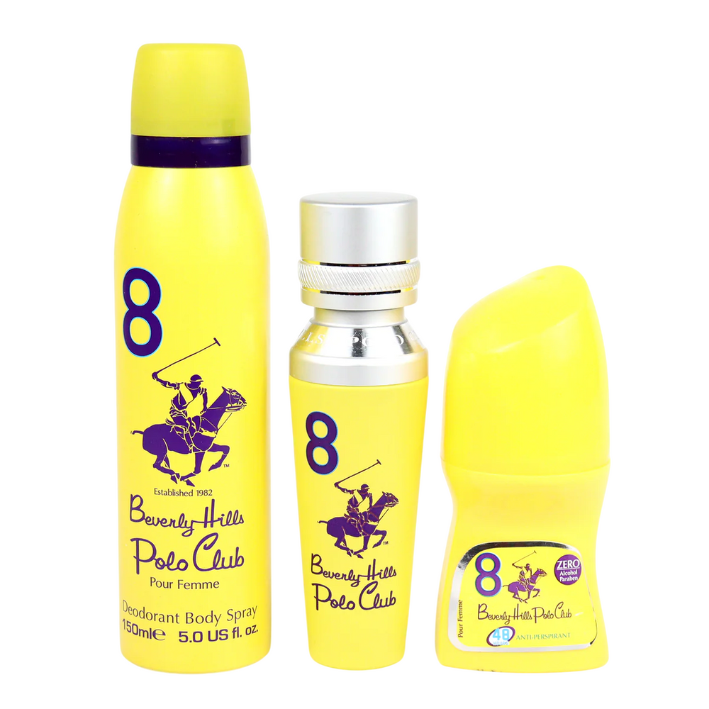 Beverly Hills Polo Club Set Beverly Hills Polo Club: 1982 - Sport 8 – Eau de Parfum for Women, 50 ml + 1982 - Sport 8, Freshness, Body Spray, 150 ml + No.8, Anti-Perspirant, Deodorant Roll-On, 50 ml