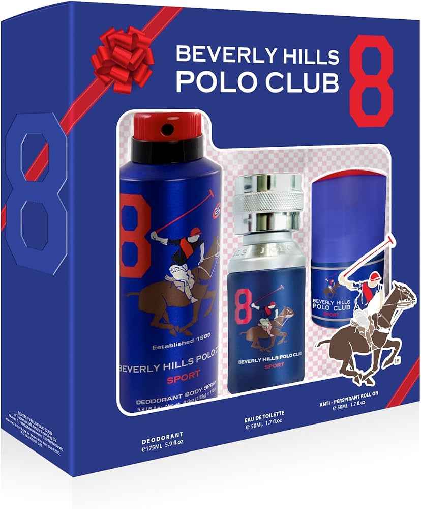 Beverly Hills Polo Club Set Beverly Hills Polo Club: 1982 - Sport 8 – Eau de Toilette for Men, 50 ml + 1982 - Sport 8, Anti-Perspirant, Deodorant Spray, 175 ml + 1982 - Sport 8, Anti-Perspirant, Deodorant Roll-On, 50 ml