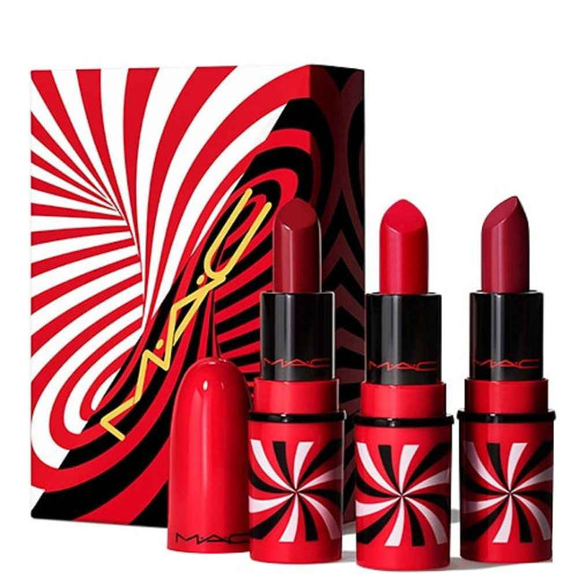 MAC Tiny Tricks Set MAC: Mini Matte – Cream Lipstick for Women, Awe-Spicious, 1.8 g Miniature + Mini, Matte, Snappy-Go-Lucky, 1.8 g Miniature + Mini, Matte, Sleight Of Grand, 1.8 g Miniature