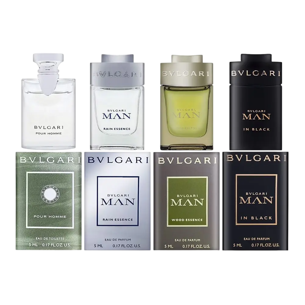 Bvlgari Set Bvlgari: Pour Homme – Eau de Toilette for Men, 5 ml Miniature + Rain Essence, Eau de Parfum, 5 ml + Man Wood…