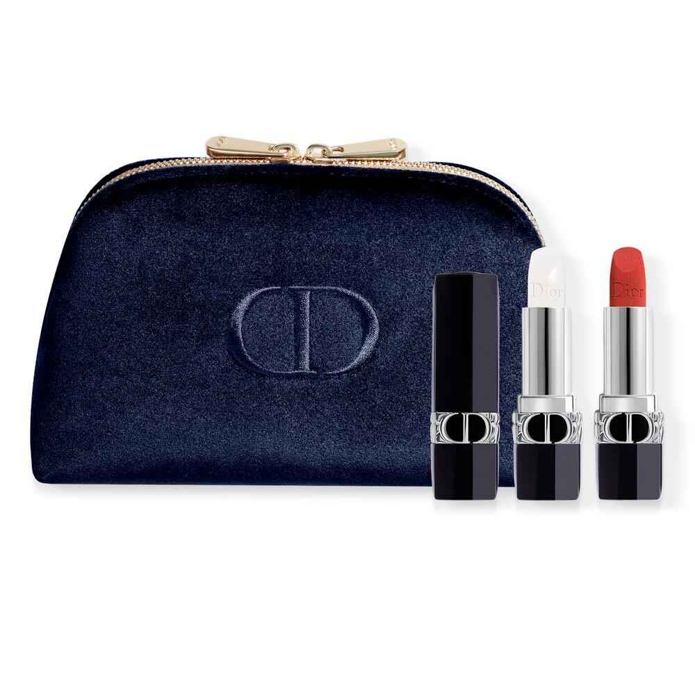 Christian Dior Set Christian Dior: Couture Colour Velvet – Cream Lipstick for Women, 720, Icone, Refillable, 3.5 ml + Couture Colour, Lip Balm, 000, Diornatural, Refill, 3.5 g + Textile Makeup Bag, Blue