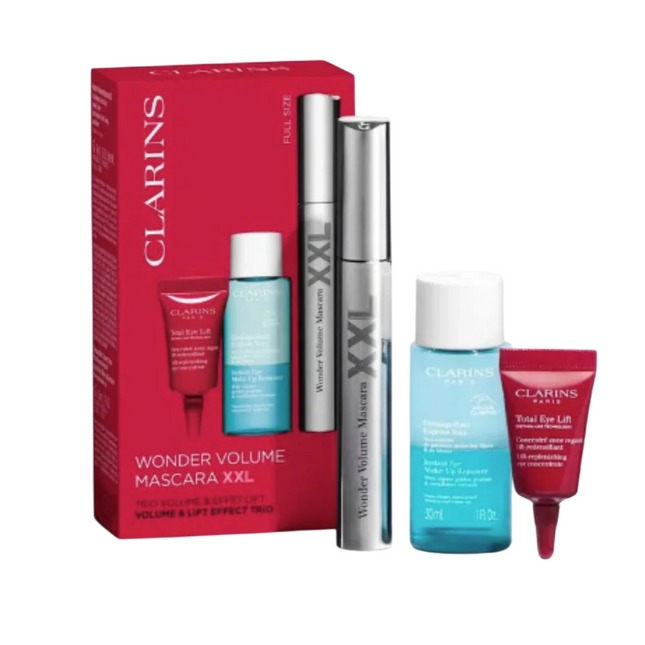 Clarins Set Clarins: Instant Eye – Makeup Remover Lotion for Women, 30 ml + Wonder Volume, Volumising, Mascara, Black, 8 ml + Total Eye, Lifting, Eye Cream, 3 ml