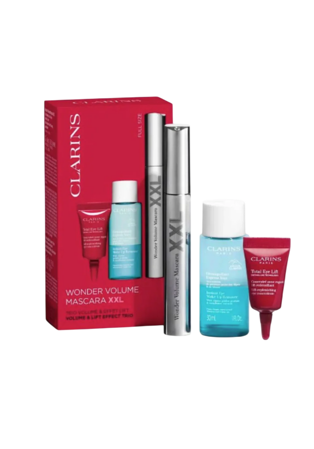 Clarins Set Clarins: Instant Eye – Makeup Remover Lotion for Women, 30 ml + Wonder Volume, Volumising, Mascara, Black, 8 ml + Total Eye, Lifting, Eye Cream, 3 ml