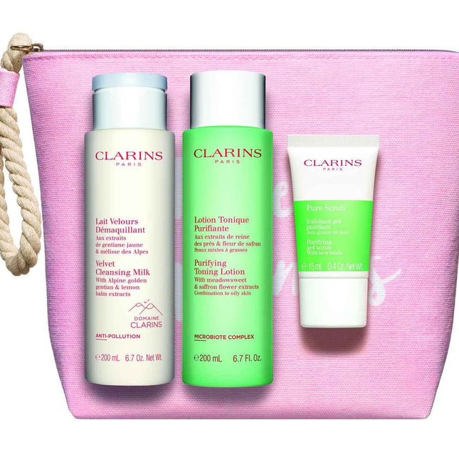 Clarins Set Clarins: Pure Exfoliating Scrub 15 ml + Velourse Anti-Pollution Cleansing Milk For Face 200 ml + Purifying Alcohol-Free Purifying – Tonic Lotion for Women, For Face, 200 ml