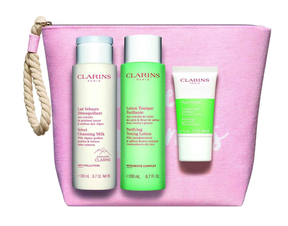 Clarins Set Clarins: Pure Exfoliating Scrub 15 ml + Velourse Anti-Pollution Cleansing Milk For Face 200 ml + Purifying Alcohol-Free Purifying – Tonic Lotion for Women, For Face, 200 ml