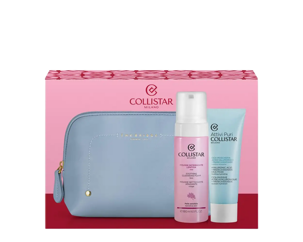 Collistar Set Collistar: Detergente Lenitiva Vegan Soothing Cleansing Foam 180 ml + Pure Actives Hyaluronic Acid Hydrating Soothing – Cream Mask for Women, For Face, 75 ml + The Bridge, GWP Textile Pouch, Blue