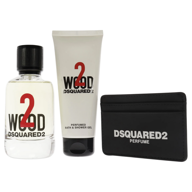 Dsquared 2 Set Dsquared 2: Dsquared Leather Card Holder Black for Men + 2 Wood – Eau de Toilette, 100 ml + 2 Wood, Shower Gel, 100 ml
