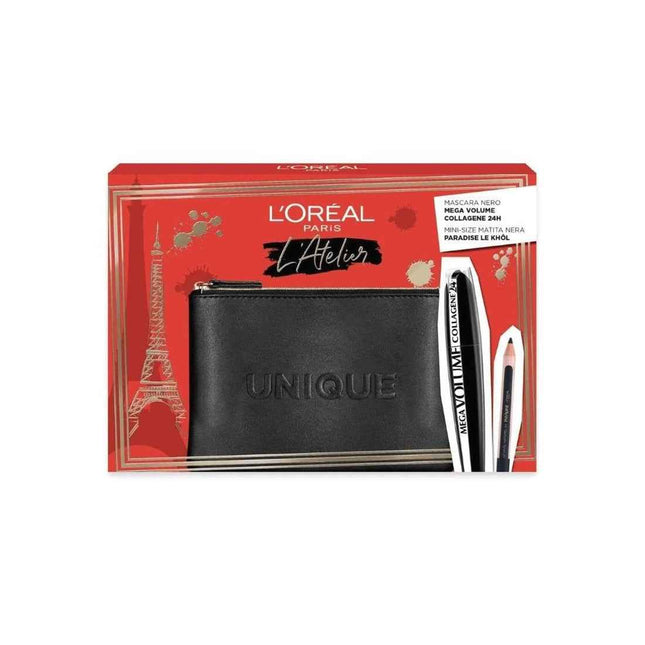 L`Oreal Paris Set L'Oreal Paris: L'Oreal Paris Kajal Eye Pencil Black 1.5 g + Mega Volume Collagene 24h Waterproof – Mascara for Women, Mega Black, 9 ml + Textile Makeup Bag, Black