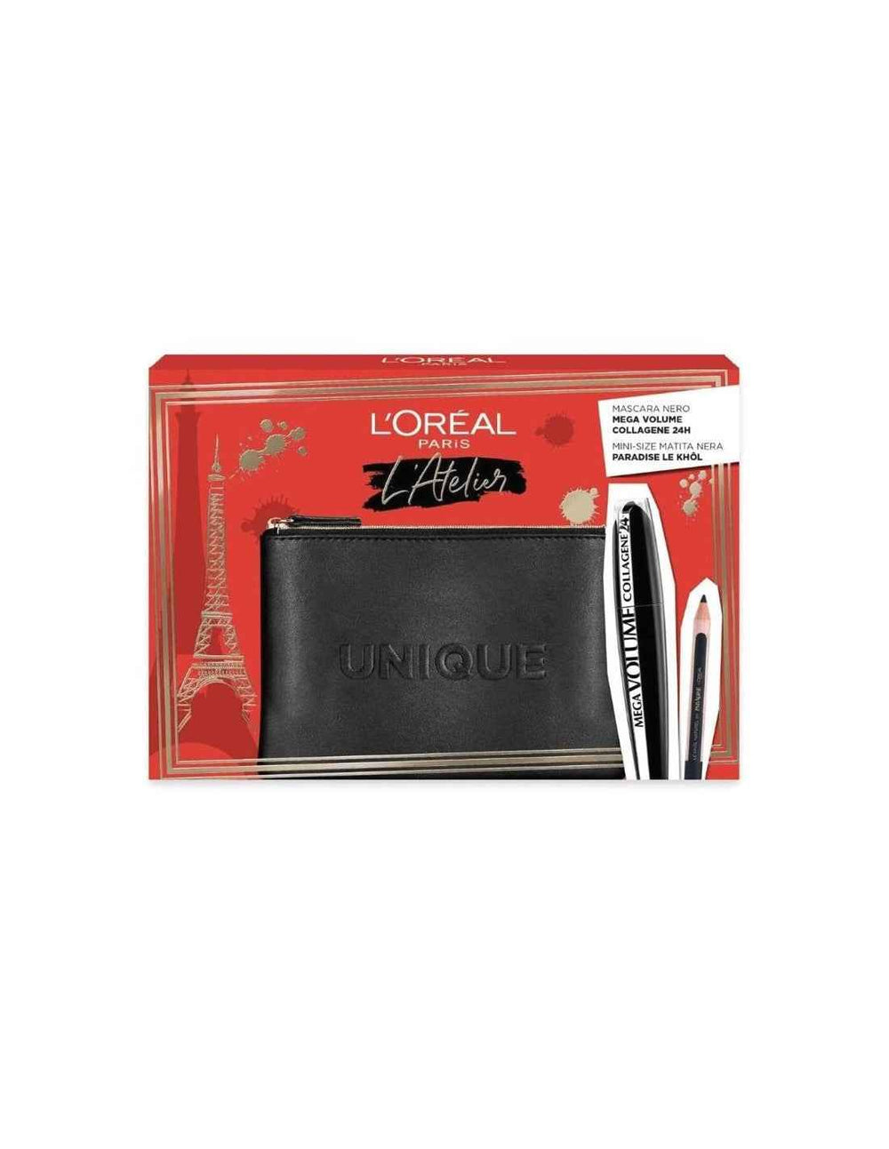 L`Oreal Paris Set L'Oreal Paris: L'Oreal Paris Kajal Eye Pencil Black 1.5 g + Mega Volume Collagene 24h Waterproof – Mascara for Women, Mega Black, 9 ml + Textile Makeup Bag, Black