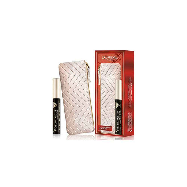 L`Oreal Paris Set L'Oreal Paris: Textile Makeup Bag for Women, Cream + Voluminous X5, Volumizing, Mascara, Extra Black, 7.5 ml