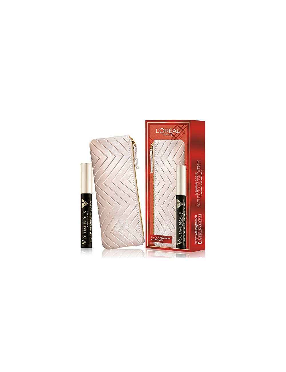 L`Oreal Paris Set L'Oreal Paris: Textile Makeup Bag for Women, Cream + Voluminous X5, Volumizing, Mascara, Extra Black, 7.5 ml