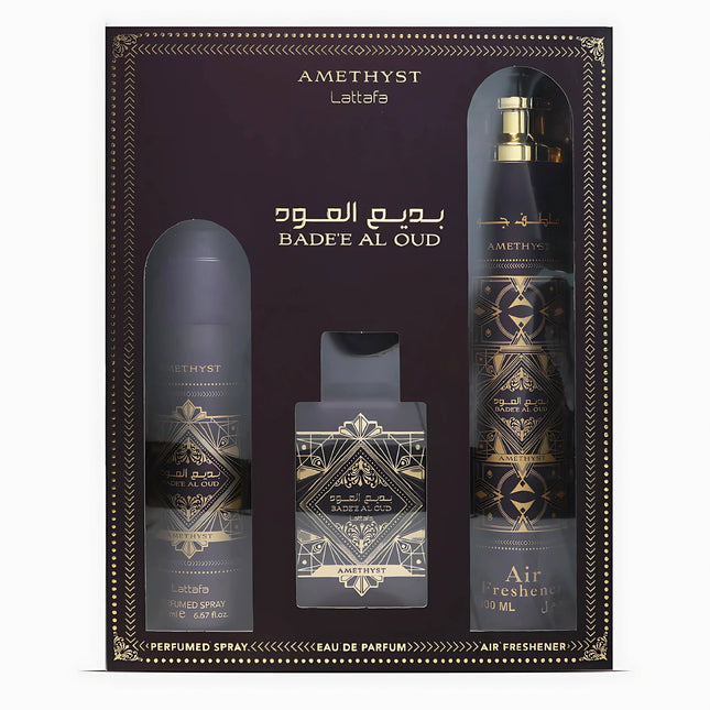 Lattafa Set Lattafa: Bade'e al Oud Amethyst – Eau de Parfum for Women, 100 ml + Bade'e al Oud Amethyst, Body Spray, 200 ml…