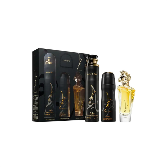 Lattafa Set Lattafa: Maahir – Eau de Parfum Unisex, 100 ml + Maahir, Scented Spray, 200 ml + Maahir, Room Spray, 300 ml