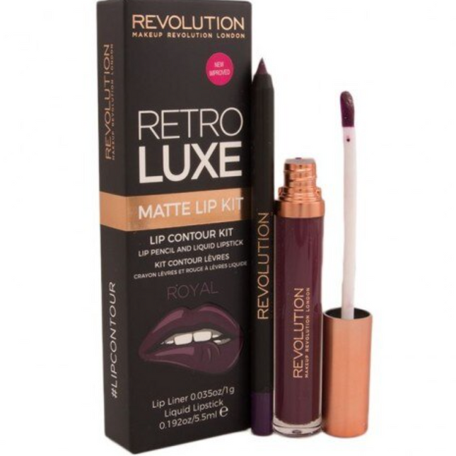 Makeup Revolution Set Makeup Revolution: Retro Luxe Matte – Liquid Lipstick for Women, Royal, 5.5 ml + Retro Luxe, Lip Liner, Royal, 1 g