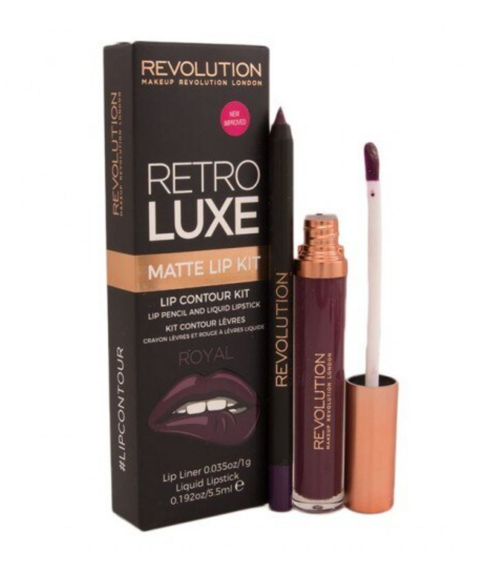 Makeup Revolution Set Makeup Revolution: Retro Luxe Matte – Liquid Lipstick for Women, Royal, 5.5 ml + Retro Luxe, Lip Liner, Royal, 1 g