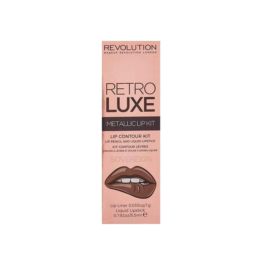Makeup Revolution Set Makeup Revolution: Retro Luxe Metallic – Liquid Lipstick for Women, Sovereign, 5.5 ml + Retro Luxe, Lip Liner, Sovereign, 1 g