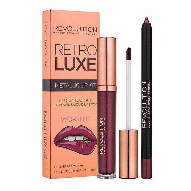 Makeup Revolution Set Makeup Revolution: Retro Luxe Metallic – Liquid Lipstick for Women, Worth It, 5.5 ml + Retro Luxe, Lip Liner, Worth It, 1 g