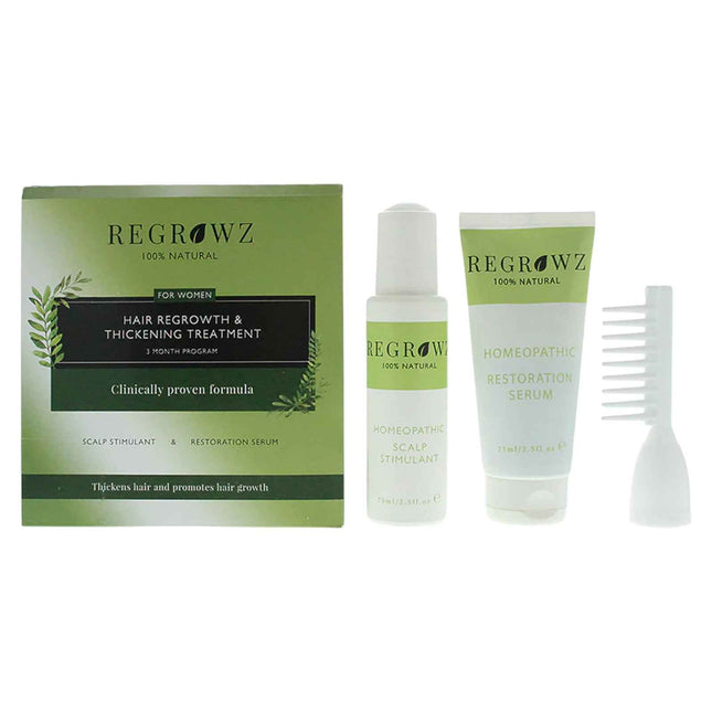 Regrowz Set Regrowz: Homeopathic – Scalp Serum for Women, Restorative, 75 ml + Homeopathic, Scalp Cream Treatment, Hydrate & Protect, 75 ml + Homeopathic, Mini, Hair Brush, White