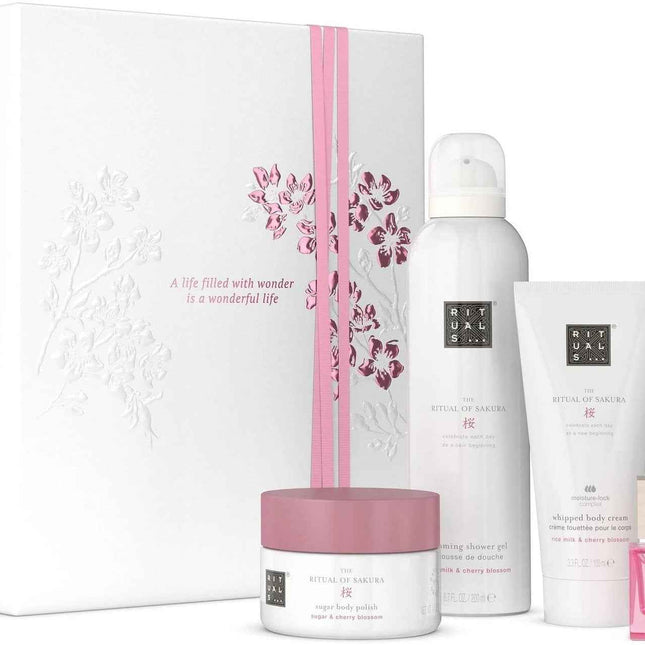 Rituals Set Rituals: The Ritual Of Sakura Rejuvenating Body Scrub 125 g + The Ritual Of Sakura Shower Mousse 200 ml + The Ritual Of Sakura Hydrating – Body Cream for Women, 100 ml + Reve De Hanami, Eau de Parfum, 15 ml