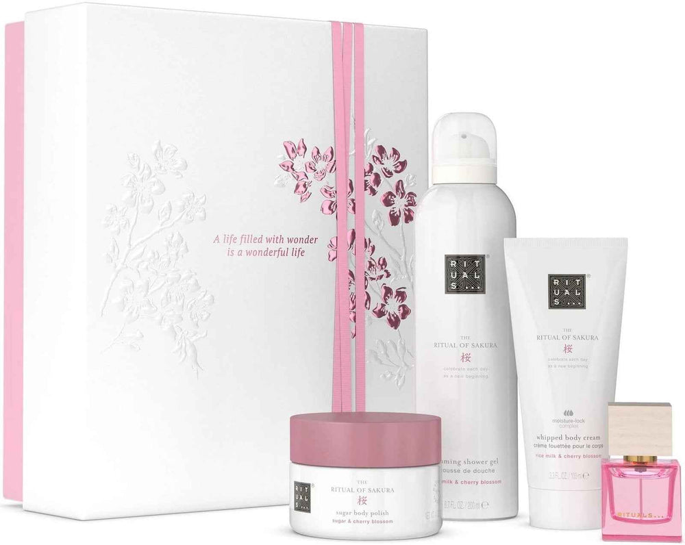 Rituals Set Rituals: The Ritual Of Sakura Rejuvenating Body Scrub 125 g + The Ritual Of Sakura Shower Mousse 200 ml + The Ritual Of Sakura Hydrating – Body Cream for Women, 100 ml + Reve De Hanami, Eau de Parfum, 15 ml