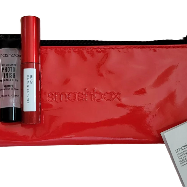Smashbox Deluxe Trial Size Set Smashbox: Super Fan Volumizing – Mascara for Women, Black, 5 ml + Photo Finish, Smoothing, Liquid Primer, 7.1 ml + Textile Makeup Bag, Red