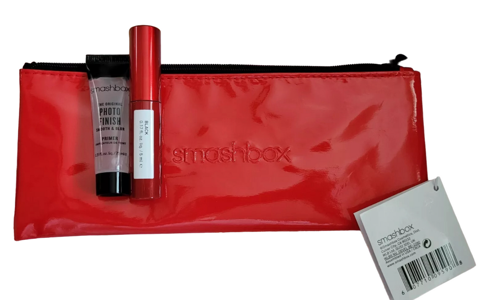 Smashbox Deluxe Trial Size Set Smashbox: Super Fan Volumizing – Mascara for Women, Black, 5 ml + Photo Finish, Smoothing, Liquid Primer, 7.1 ml + Textile Makeup Bag, Red