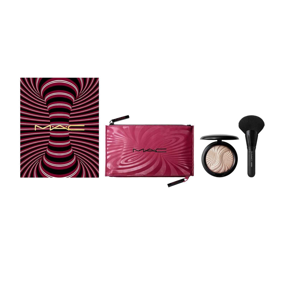 MAC Trick Of The Light Extra Dimension Skinfinish Kit Set MAC: Textile Makeup Bag for Women, Burgundy + MAC, Multi Face Brush, 143S + Extra Dimension Skinfinish, Highlighter Powder, Magnetic Attraction, 9 g